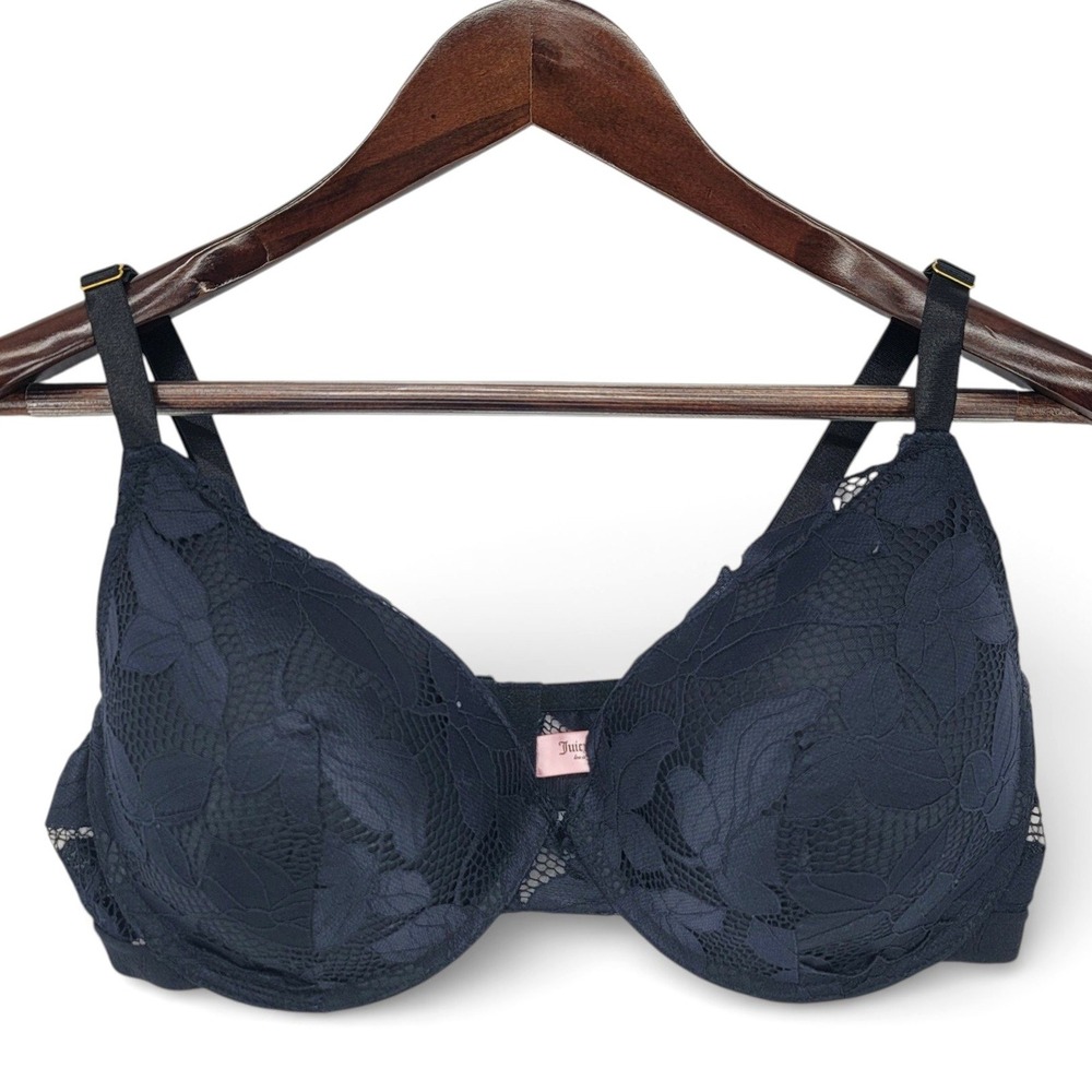 Juicy Couture Womens 38DD Bra Nylon Spandex Black Lace Underwire‎ Intimates